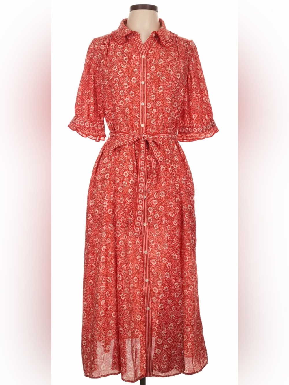 Maxi Studio size M, Red Floral Button-Front Midi Dress with Tie Waist